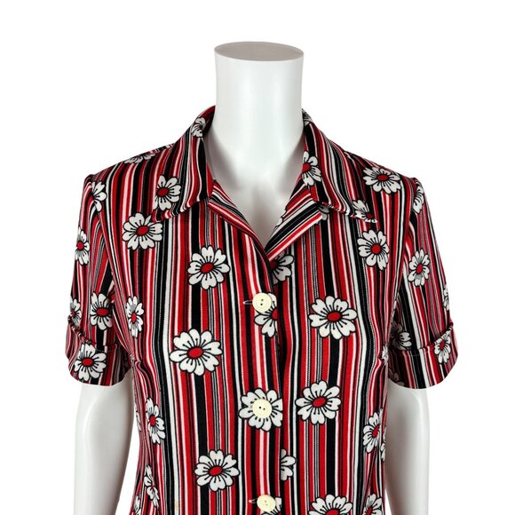 Vintage 70s Floral Print Top Women's Medium Red Black Daisies Stripes Blouse - Picture 2 of 11